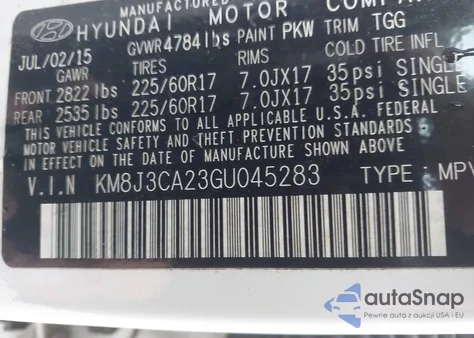 2016 Hyundai Tucson Eco from USA, damaged, VIN KM8J3CA23GU045283